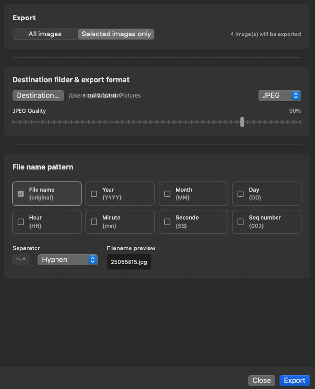 CullEdit batch export window interface
